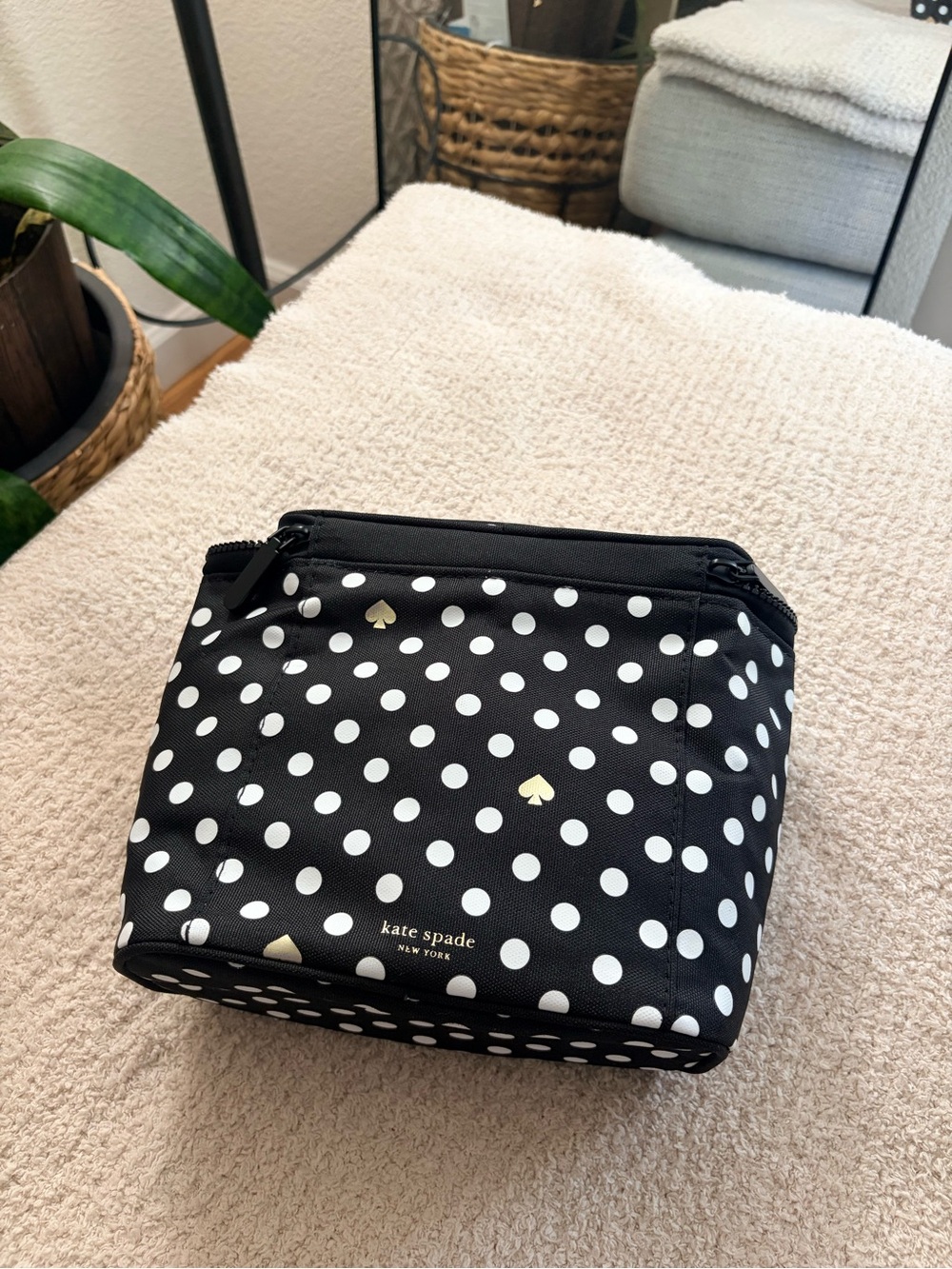 kate spade Black and White Polka Dot Cosmetic Bag with Gold Spade Accents